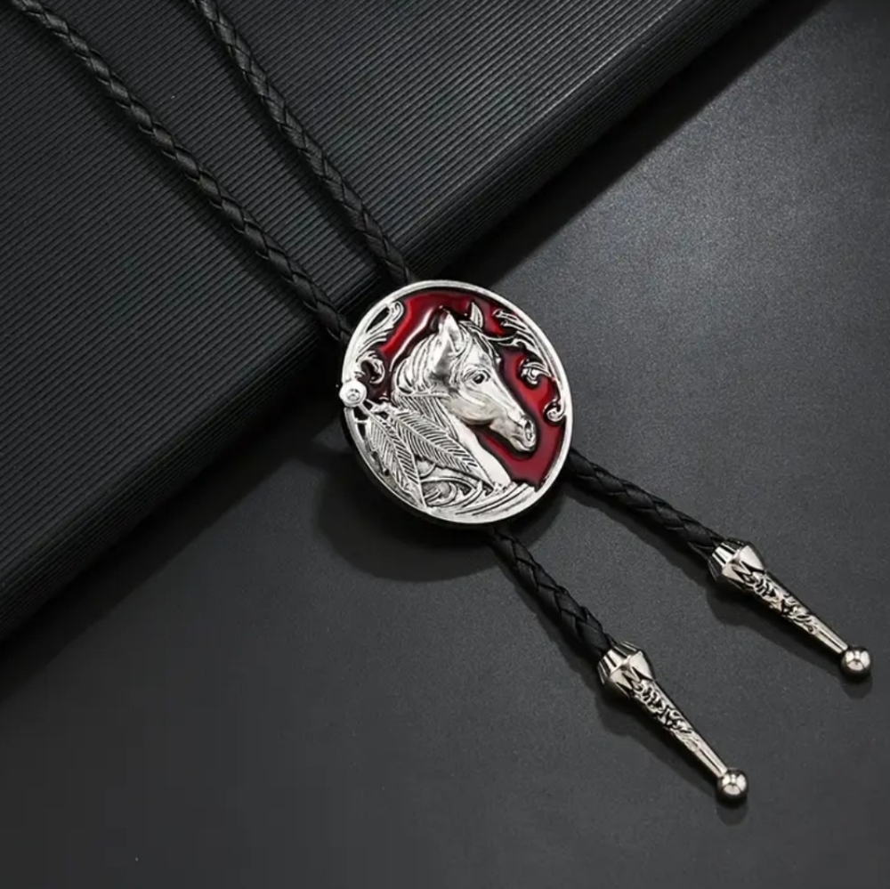 NEW Silver Horse Head Bolo Tie with Red Accent